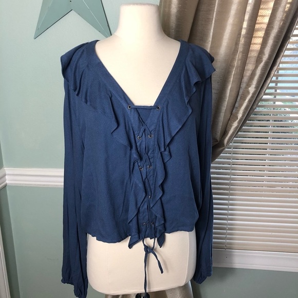 NEW Long Sleeve Womens Blouse Ruffled Lace Up - Picture 1 of 7